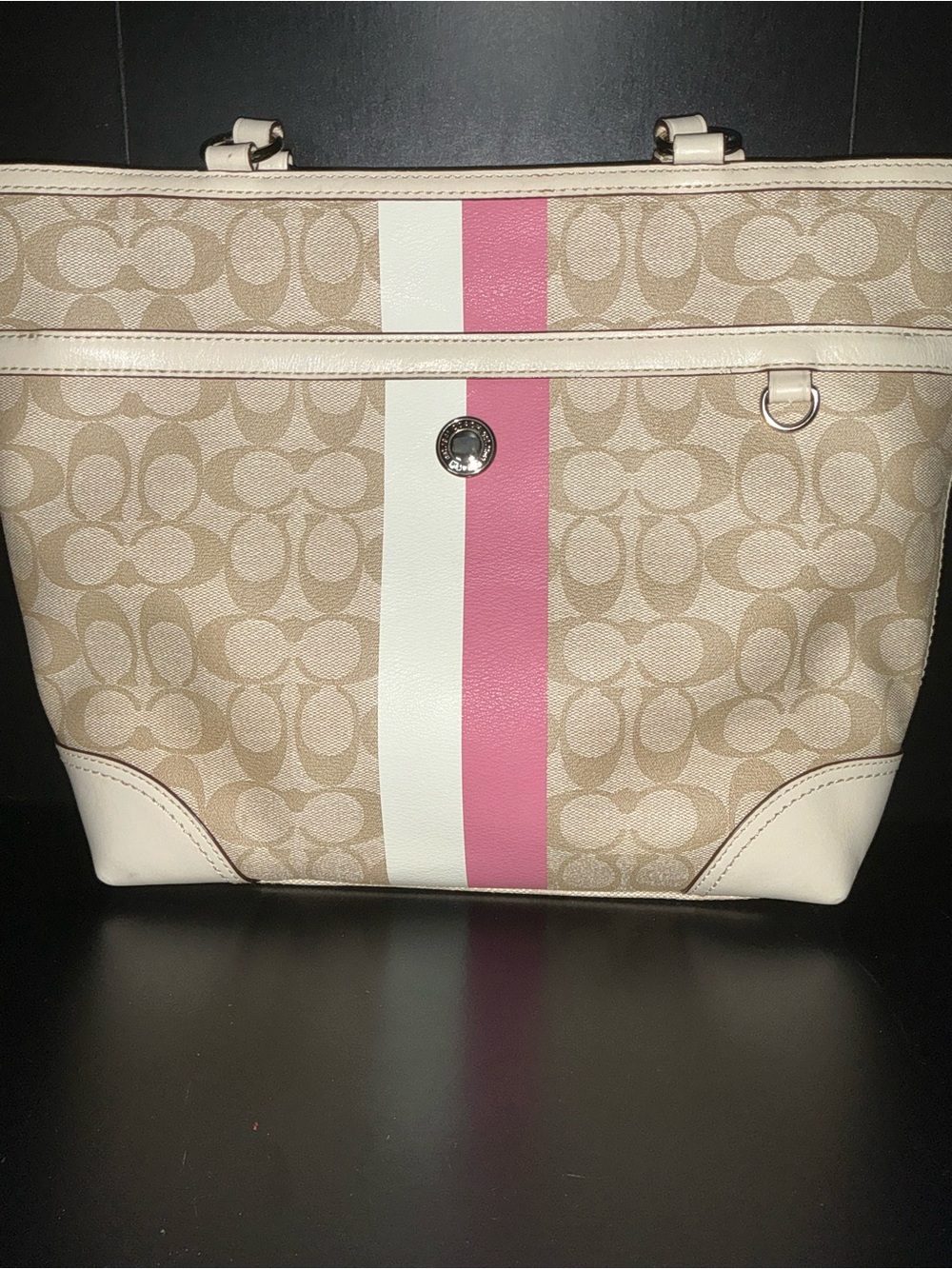 Coach Beige Signature Canvas Tote with Pink & White Center Stripe